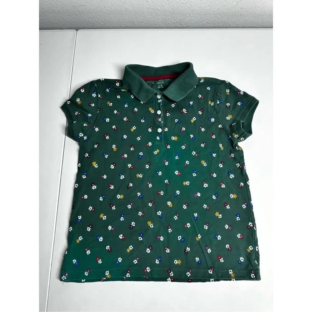 Tommy Hilfiger Girls Green Polo Floral Print Cotton Blend Size L (12-14)